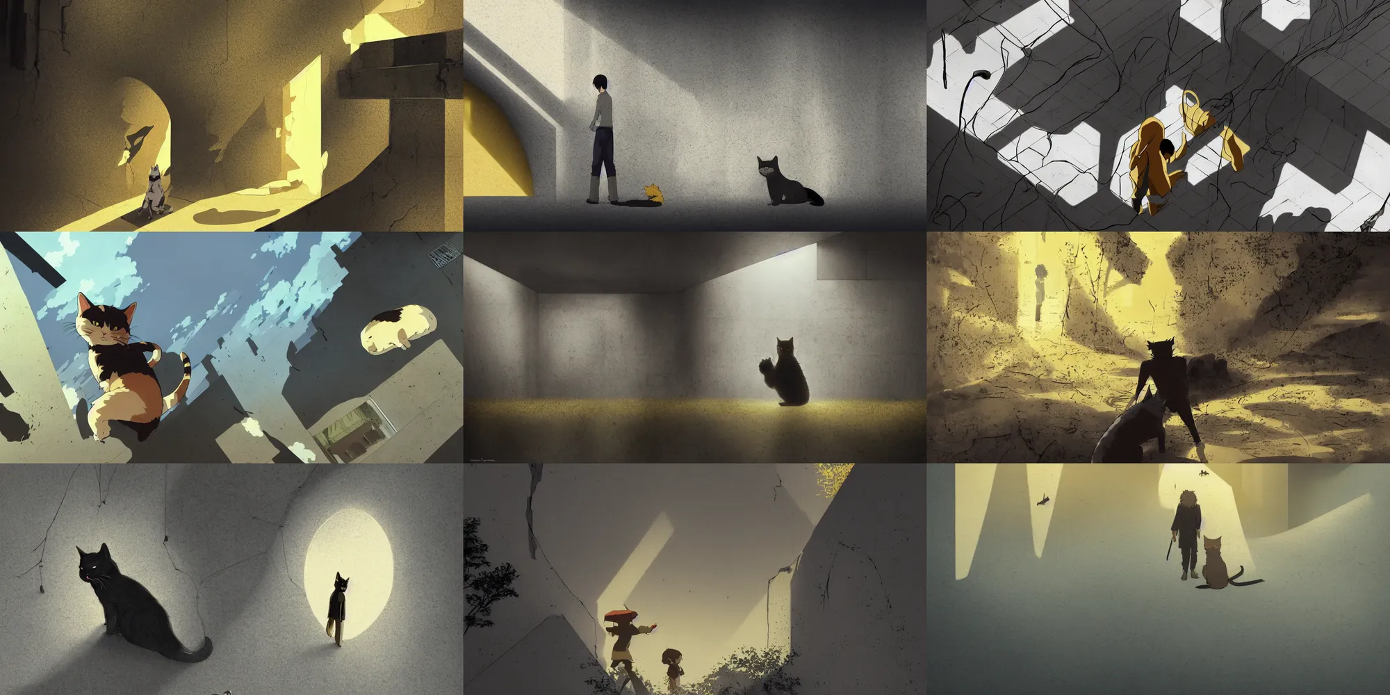 Prompt: dramatic lighting, tatsuyuki tanaka, incredible ghibli movie screenshot, vanishing point, focal point, ultra wide, brutalist, yellow, kitten, kitty, feline, cat silhouette, paws, large dark hole in the side of a concrete wall, bright dappled golden sunlight, long dark shadows, black depths, posters, notices, hobbit hole, overgrown, spiderwebs