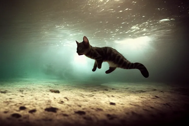 Image similar to a cat dressed as a scuba diver swimming underwater, photo-realistic low lighting, creepy, vast, shot by a camera,