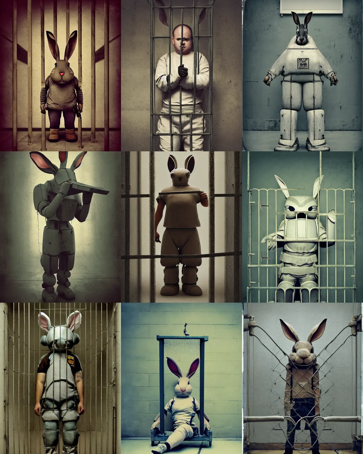 Prompt: prison inmate !!!giant oversized battle rabbit robot chubby mech with big ears , behind bars in prison!!! , full body , prison outfit, Cinematic focus, Polaroid photo, vintage , neutral dull colors, soft lights, foggy , by oleg oprisco , by victor enrich , by gregory crewdson , by discovery channel , by most wanted