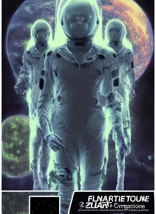 Image similar to astronauts in the dark infinite underwater void - complex and hyperdetailed technical suit, fabric material. reflection and dispersion materials. rays and dispersion of light. volumetric light. wide angle, f / 3 2. noise film photo. flash photography. ultra realistic, wide angle. poster by wayne barlowe, hajime sorayama aaron horkey, craig mullins