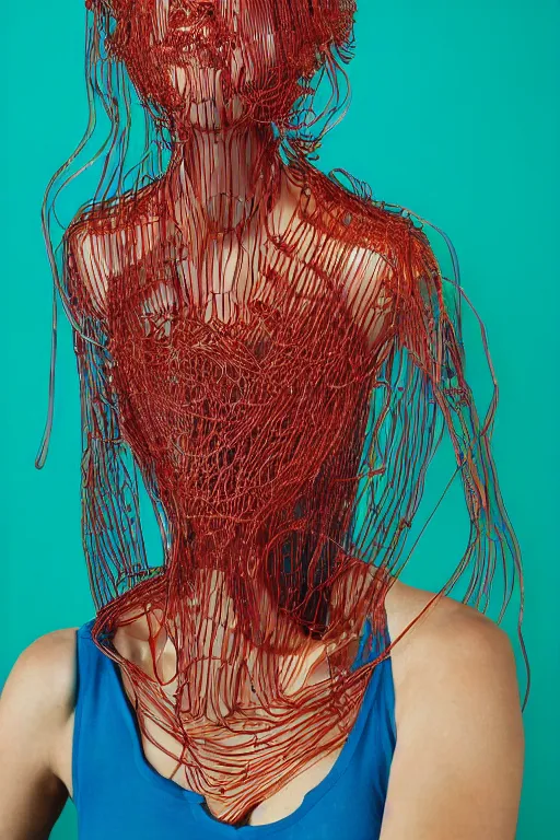 Prompt: machine cover art arms!!!! lips!!! future mona lisa unwrapped statue bust curls of hair petite lush front side view body unfolds photography model full body curly jellyfish lips wire art contrast vibrant futuristic fabric skin jellyfish material metal veins and human anatomy in the style of jonathan zawada, thisset colours simple background objective, realistic body structure