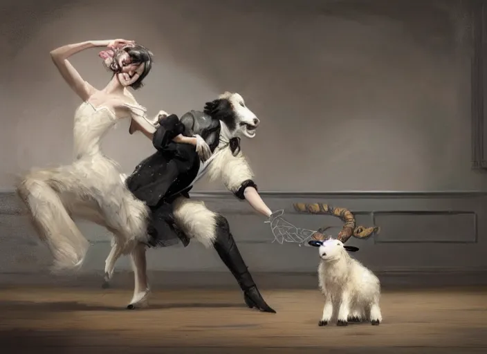 Image similar to wide shot painting of a male anthropomorphic border collie fursona dancing with a cute female anthropomorphic sheep fursona in a ballroom, beautiful, intricate, elegant, realistic proportions, highly detailed, scenic background, trending on artstation, art by charlie bowater and henry asencio and and ross tran