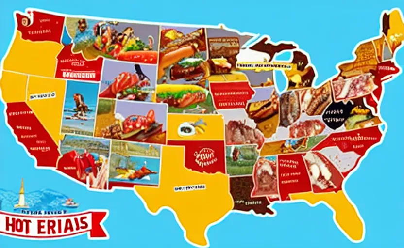 Prompt: hot dogs across america map, detailed, map key, tourist map, brochure