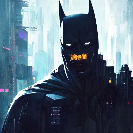 Image similar to cyberpunk batman with fullface mask, wide shot, moody, futuristic, city background, brush strokes, oil painting, greg rutkowski