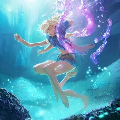 Prompt: female water mage, high quality character design, action pose : : spotlight, magical, seapunk, seaweed, bubbles, high detail, 1 6 k, oled, shadows, reflections, by rossdraws