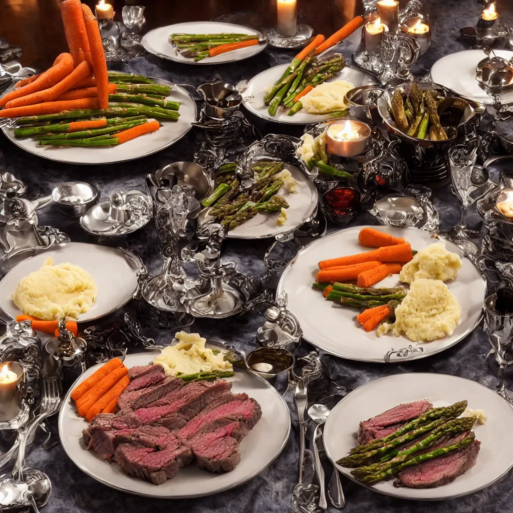 Image similar to single plate with prime rib, asparagus, mashed potatoes and gravy, and steamed carrots with blue table cloth and lit candles in ornate silver candlesticks, ultra - realistic, photo realism, professional photograph, extreme detail, deep focus, laser sharp, volumetric lighting, atmospheric, luxury, elite