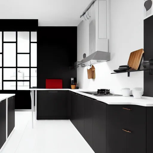 Image similar to photo of black, matte kitchen fronts surfaces and furniture, dark red walls at the back, white floor tiles on the ground, white ceiling, architecture, concept art