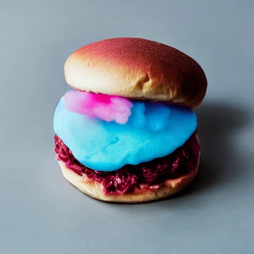 Image similar to a dramatic photo of a cotton candy burger. moody, melanchony.
