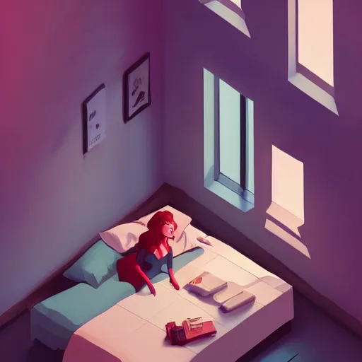 Prompt: an isometric interior design of a beautiful cosy bedroom by the beach in the style of artgerm, charlie bowater, atey ghailan and mike mignola, vibrant colors and hard shadows and strong rim light, plain background, comic cover art, trending on artstation