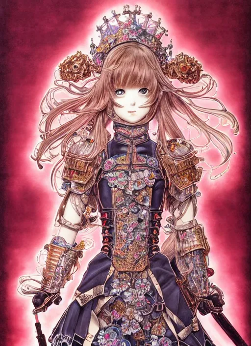 Prompt: highly detailed artgerm artstation minaba hideo fantastic fate katsuhiro otomo manga poster of dressed princess mechine, minaba hideo, long hair, armor, laces, ruffles, 8 k, fluorescent, maximalist, jump comics, art nouveau, takato yamamoto