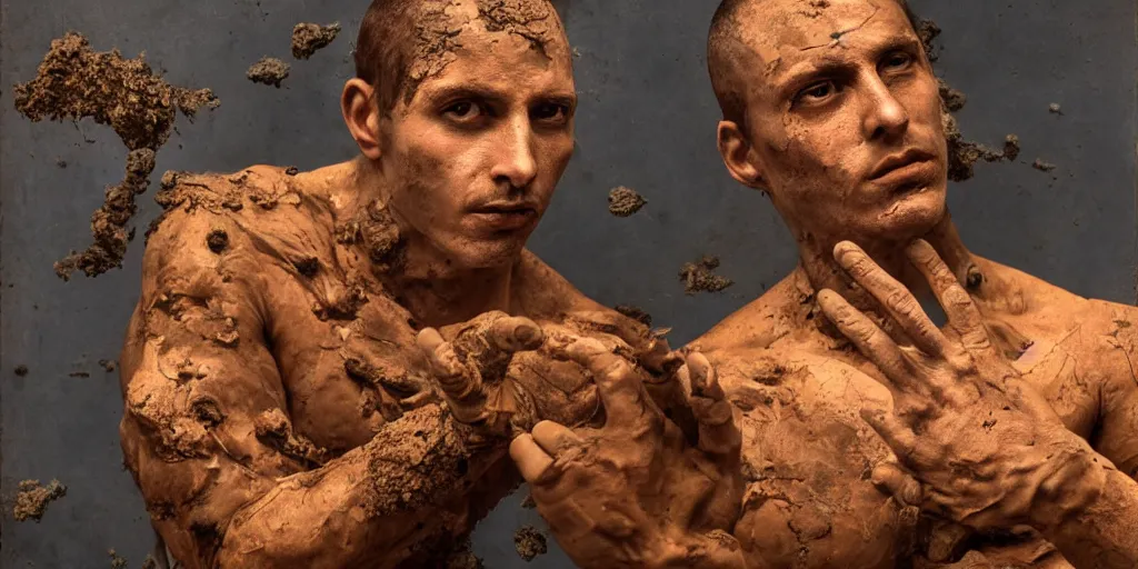 Prompt: highly detailed photography of a men made of rust clay, big rocks, hand gesture, sharp focus, dust particles, dramatic scene, aesthetic, dynamic lighting, elegant, harmony, masterpiece, by roberto ferri, blue background, high quality, spatula