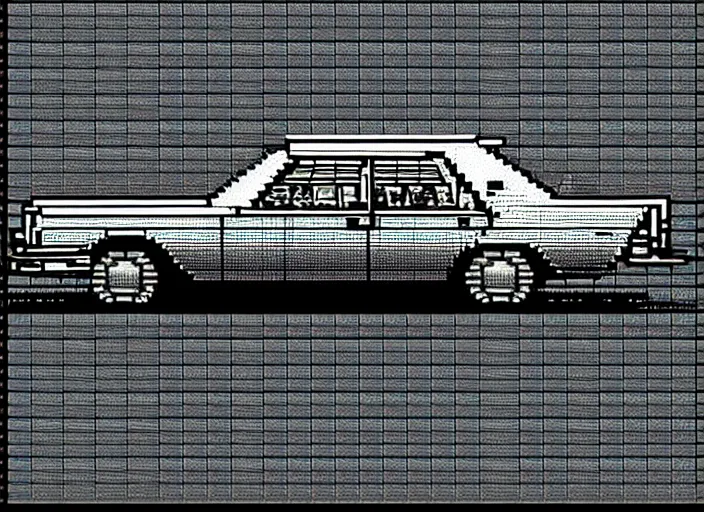 Image similar to synthesized hologram aiburning wrecked mercedes 1 2 4, pixelart, game 8 - bit monochrome gameboy!!, award winning. dramatic. trending on artstation, low resolution sync