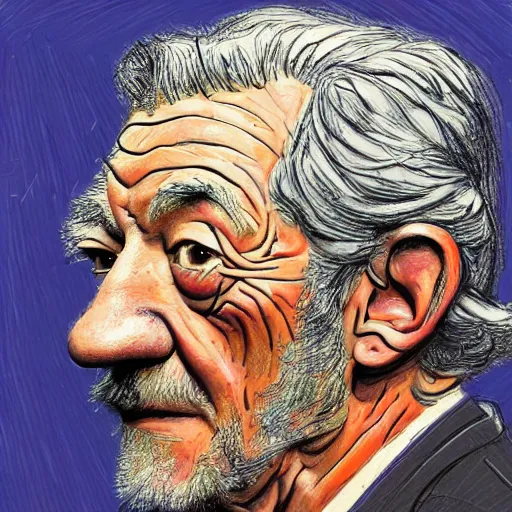 Image similar to a realistic yet scraggly portrait sketch of the side profile of a stern and sophisticated lan mckellen, trending on artstation, intricate details, colorized by lisa frank, in the style of frank auerbach, in the style of sergio aragones, in the style of martin ansin, in the style of david aja, in the style of mattias adolfsson