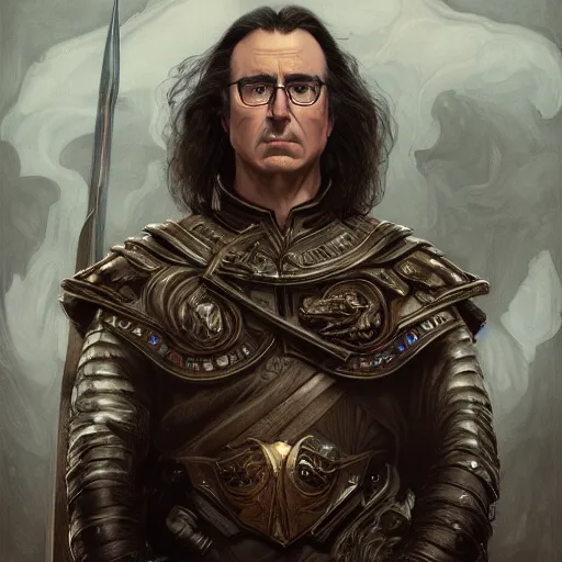 Image similar to portrait of stoic looking john oliver as vigo carpathian, military uniform, fantasy, intricate, elegant, highly detailed, centered, dark, smokey, charcoal painting, digital painting, artstation, concept art, smooth, sharp focus, illustration, art by artgerm and greg rutkowski and alphonse mucha