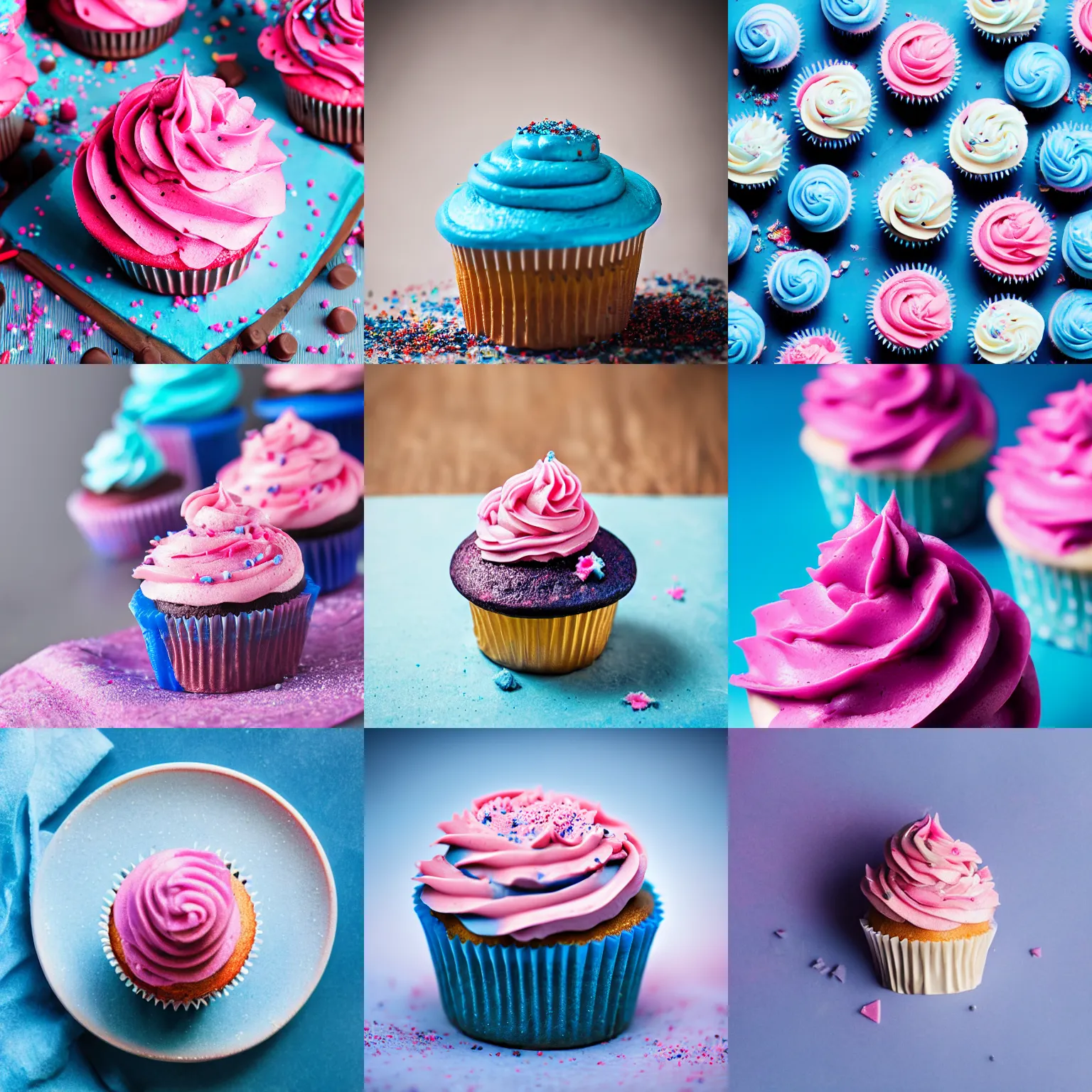 Prompt: blue cupcake with pink frosting and chocolate sprinkles, food photography, centered, bokeh, studio lighting