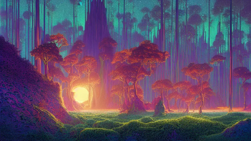 Image similar to highly detailed holographic iridescent sci fi world with forests deserts and oceans, at dusk, by gilbert williams, by simon stalenhag, by beeple, by bruce pennington, by moebius, featured in juxtapoz, mixed media, dynamic composition, octane render, with many different pastel shades of blue pink orange yellow green, beautiful lighting, desaturated