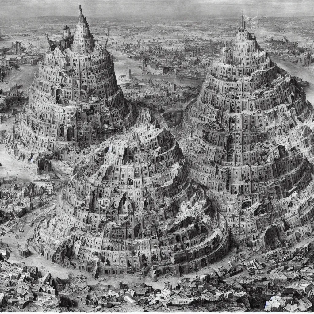 Prompt: An aerial view of the tower of babel with datacenter and machine to terraform the Earth after destruction in the style of Robert Doisneau