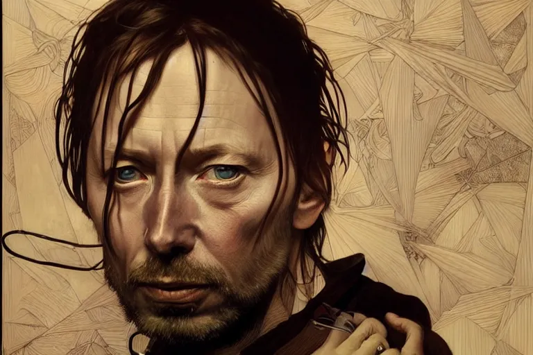 Image similar to hyper realistic portrait of thom yorke thom thom thom thom, by lee bermejo, alphonse mucha and greg rutkowski