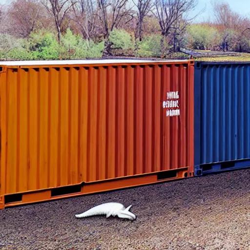 Image similar to photograph of a shipping container tyrannosaurus rex in a freight yard