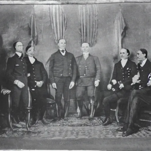 Prompt: grainy 1800s photo of human government officials surrending to cybernetic military officers