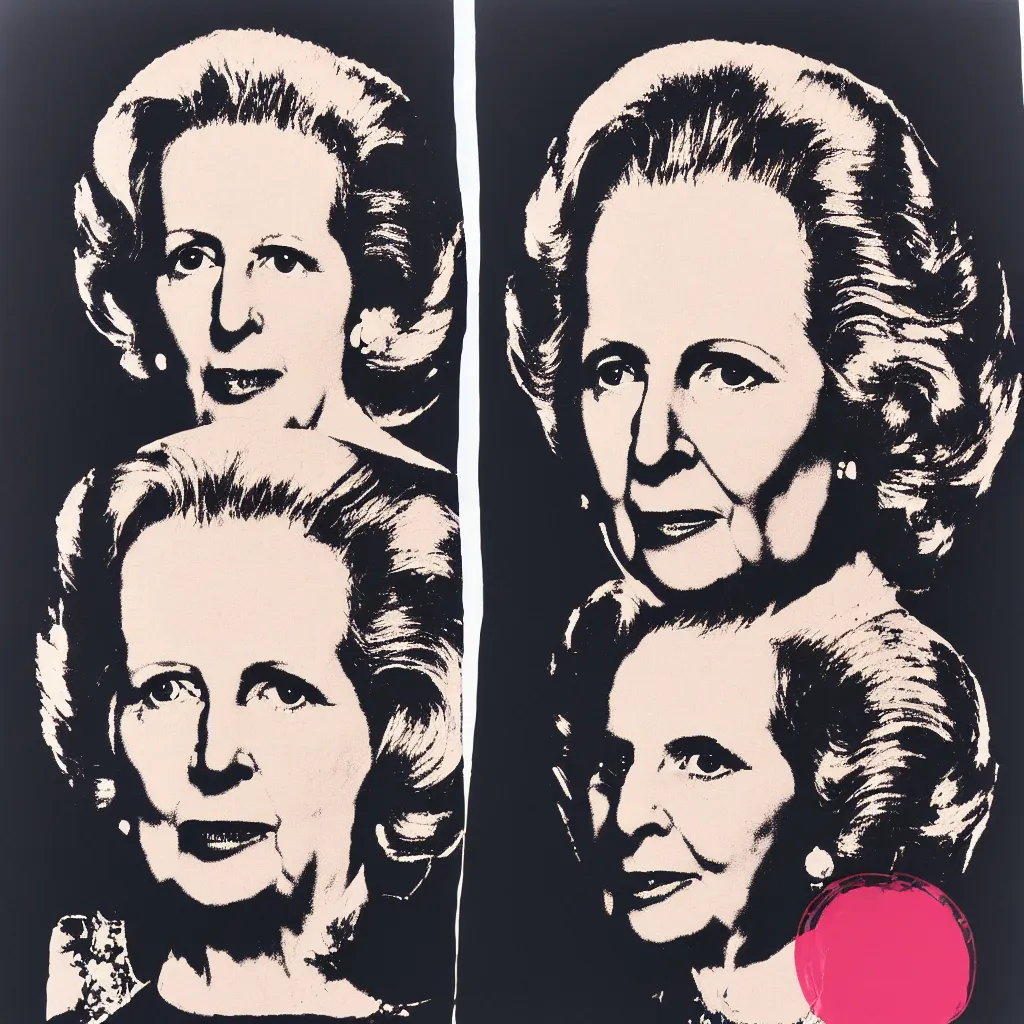 Prompt: individual silk screen portrait of margaret thatcher by andy warhol