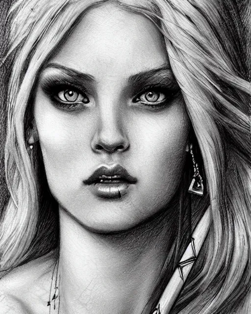 Image similar to tattoo sketch of beautiful greek goddess aphrodite with arrow earrings, beautiful piercing eyes, flowing blonde hair, realistic face, hyper realistic, in the style of greg rutkowski, fantasy, amazing detail, epic, intricate, elegant, smooth, sharp focus