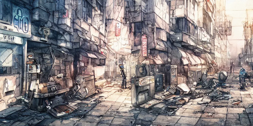 Prompt: watercolour painting of a broken robot repairing its own arm in a post apocalyptic city street, anime, pencil lines, light watercolour, pale sky, dirty streets, beautiful artwork, anime screenshot, akihabara, remaster