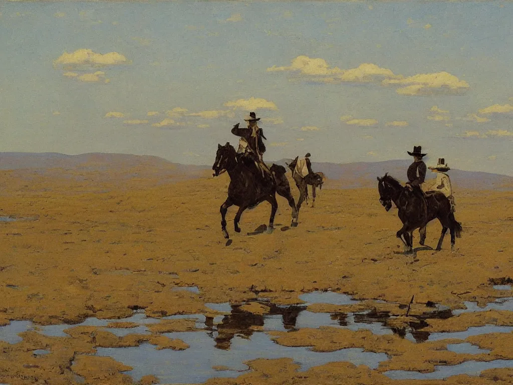 Prompt: a beautiful landscape painting by frederic remington, trending on arstation