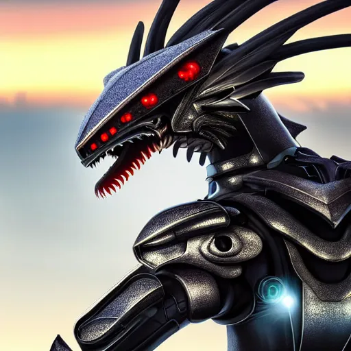 Prompt: close up detailed maw shot, headshot, of a cute stunning robot anthropomorphic female dragon, with sleek silver armor, a black OLED visor over the eyes, her detailed dragon maw open in front of the camera, camera looking down into the maw, about to consume the camera, on the beach at sunset, highly detailed digital art, furry art, anthro art, sci fi, warframe art, destiny art, high quality, 3D realistic, mawshot, Furaffinity, Deviantart