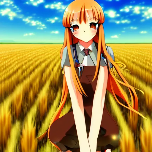 Image similar to anime illustration of Holo from Spice and Wolf standing in a wheat field at sunset, Holo is a wolf girl, high detail, trending on pixiv