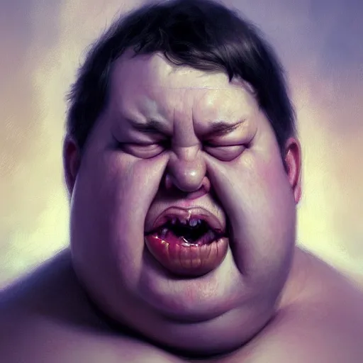 Image similar to hyper realistic, close up portrait of a mega derpy disgusting fat slob by greg rutkowski, scott m fischer, artgerm, loish, slight glow, atmospheric, anne stokes, alexandros pyromallis