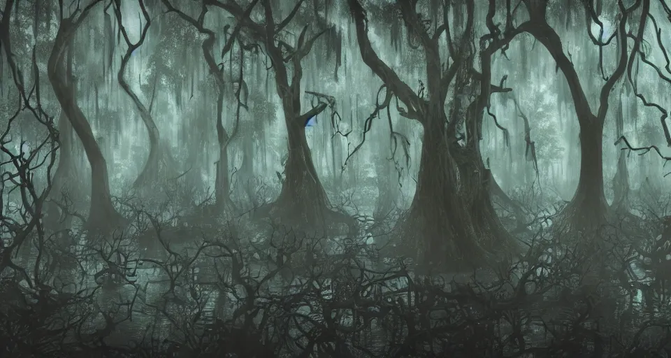 Prompt: A dense and dark enchanted forest with a swamp, by schizophrenia patient