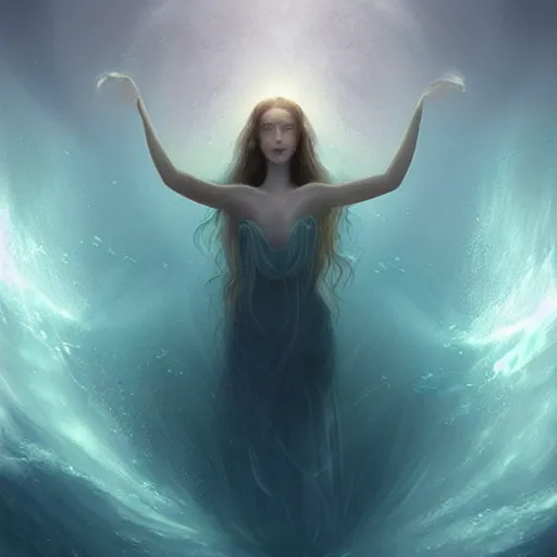 Image similar to nature goddess rising out of the water by charlie bowater, beautiful, bioluminescent, ethereal, mist