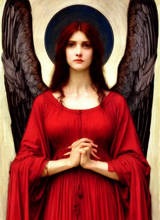 Prompt: portrait of beautiful female archangel in red robes, pre - raphaelite painting by john william waterhouse, trending on art station. highly detailed, symmetrical face.
