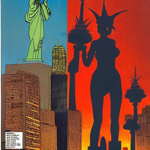 Prompt: magazine cover, vampire woman in the foreground, behind is the statue of liberty, at night, contrasting colors, richard corben