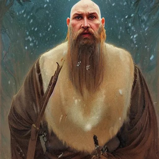 Image similar to portrait of bald, elderly Slavic Viking priest wearing thick furs and standing tall in the blizzard, with fading tattoos covering every inch of exposed skin, portrait by Anato Finnstark, Alphonse Mucha, and Greg Rutkowski