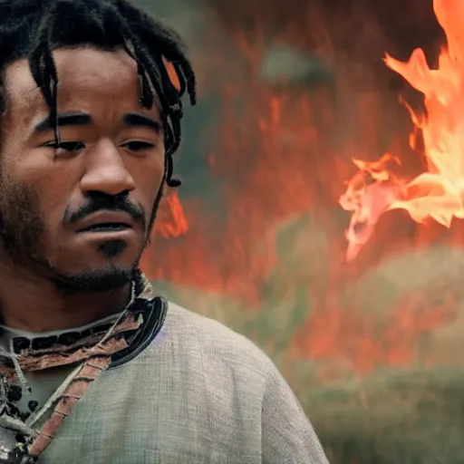 Prompt: cinematic film still of Lil Uzi starring as a Samurai holding fire, Japanese CGI, VFX, 2022, 40mm lens, shallow depth of field, film photography