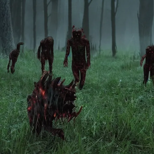 Prompt: The demons have come out to play on august 12th of 2022. they are here they are here they are zombies they are demons indescribable eating flesh skinwalkers. trailcam in 4k.