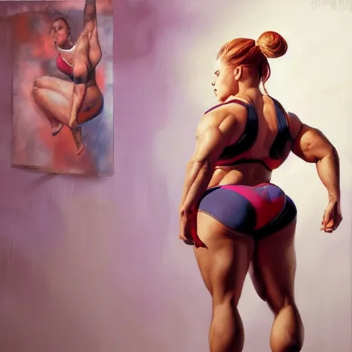 Image similar to greg manchess portrait of thick muscular weightlifter zarya from overwatch with ponytail and blond hair played by scarlett johansson showing back muscles, medium shot, asymmetrical, profile picture, organic painting, sunny day, matte painting, bold shapes, hard edges, street art, trending on artstation, by huang guangjian and gil elvgren and sachin teng