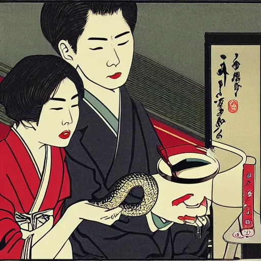 Prompt: A Japanese husband and his beautiful Japanese wife with a snake crawling around them, drinking tea by Toshio Saeki, high detailed