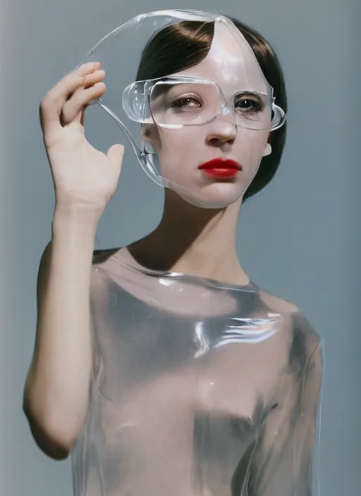 Prompt: a fashion portrait photograph of a woman wearing a transparent plastic mask designed by dieter rams, 3 5 mm, color film camera,