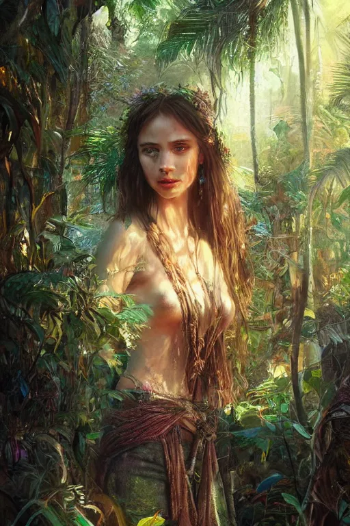 Image similar to portrait of bohemian girl in the jungle of tulum mexico, staring directly into camera, intricate, elegant, glowing lights, highly detailed, digital painting, artstation, sharp focus, illustration, art by wlop, mars ravelo and greg rutkowski
