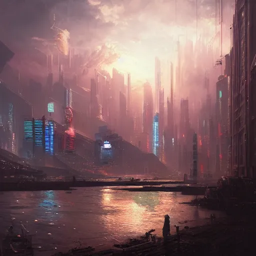 Prompt: a Stunning painting of A cyberpunk city on the sea by Annibale Siconolfi and greg rutkowski,epic lighting,beautiful sky,hyper detailed,Realistic,8K Resolution