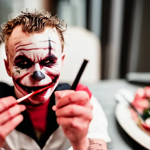 Prompt: heath ledger joker eating at a fancy restaurant with deadpool, 85mm f/1.4