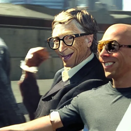 Prompt: bill gates as the joker from batman in an action scene in fast & furious, action shot from the movie fast & furious