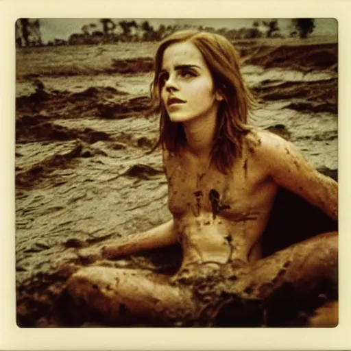 Image similar to film still, close up, emma watson rising out of muddy vietnam river, face covered in mud, low camera angle at water level, night time, film still from apocalypse now ( 1 9 7 9 ), 2 6 mm polaroid polaroid polaroid polaroid polaroid expired expired expired,