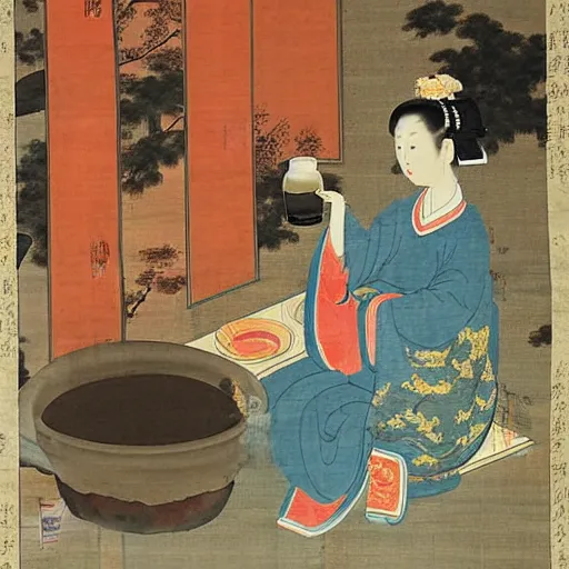 Prompt: the Chinese ancient painting of a lady drinking cocktail beer in Tang Dynasty , by Han Xizai