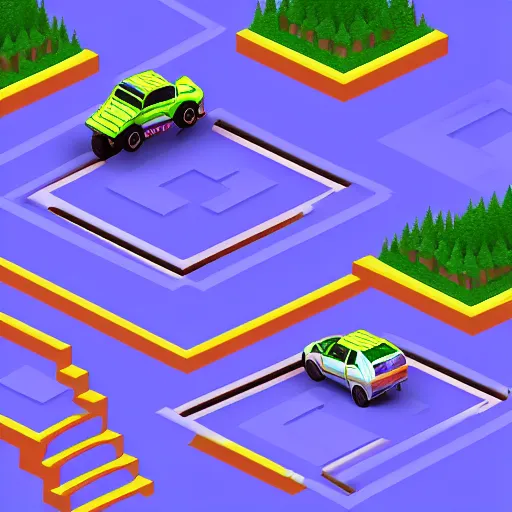 Prompt: isometric top-down Super Off Road game, hilly track, jumps, obstacles on the road, isometric, arcade, High Resolution Textures, volumetric lighting, Unreal Engine, 4K, RTX on.