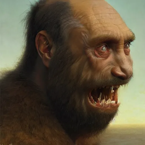 Image similar to vladimir putin, putin is bald caveman, vladimir putin awe face, toothless macabre face, by donato giancola and greg rutkowski and wayne barlow and zdzisław beksinski, realistic face, digital art