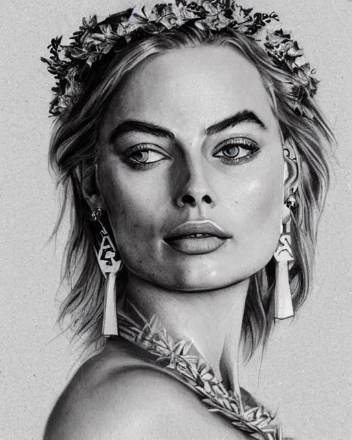 Image similar to realism tattoo sketch of margot robbie as a beautiful greek goddess aphrodite with piercing eyes wearing a laurel wreath and triangle earrings, in the style of greg rutkowski, amazing detail